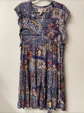 Knox Rose Navy Paisley Patchwork Midi Dress with Yellow & Pink Accents L63
